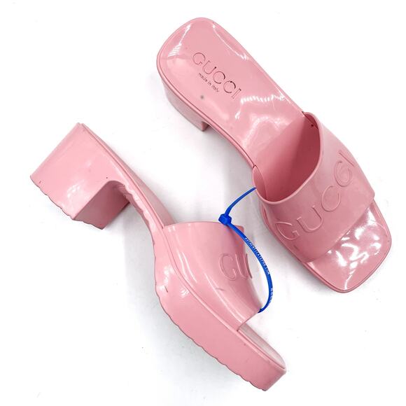 Gucci Rubber Slide Sandals‎ Pink Logo Square Open Toe Block Heel Mules Sz 36 / 6 - Picture 1 of 10